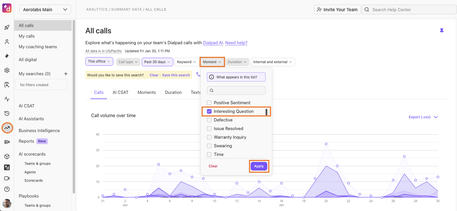 Screenshot of All Calls moment filter of interesting question filter selected.
