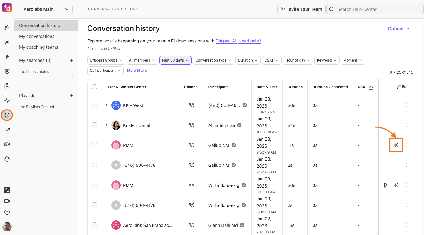 Screenshot of conversation history and AI highlighted.