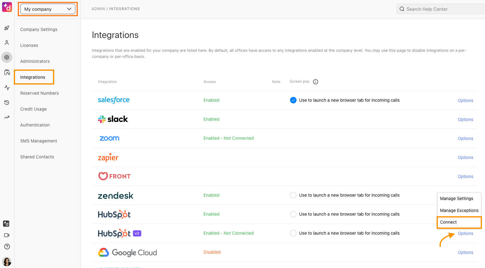 Alt Text Option  Screenshot of the Dialpad Admin Settings page under Integrations, featuring orange boxes highlighting the 'My company' dropdown, 'Integrations' tab, and 'Connect' menu item next to an orange arrow pointing to the 'Options' dropdown for HubSpot v2.