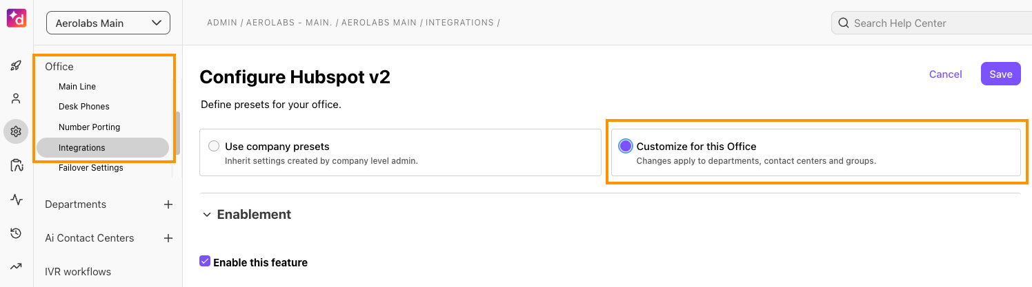 Screenshot of the 'Configure Hubspot v2' office settings page in Dialpad, featuring orange boxes highlighting the left-navigation Office Integrations menu and the selected 'Customize for this Office' radio button.