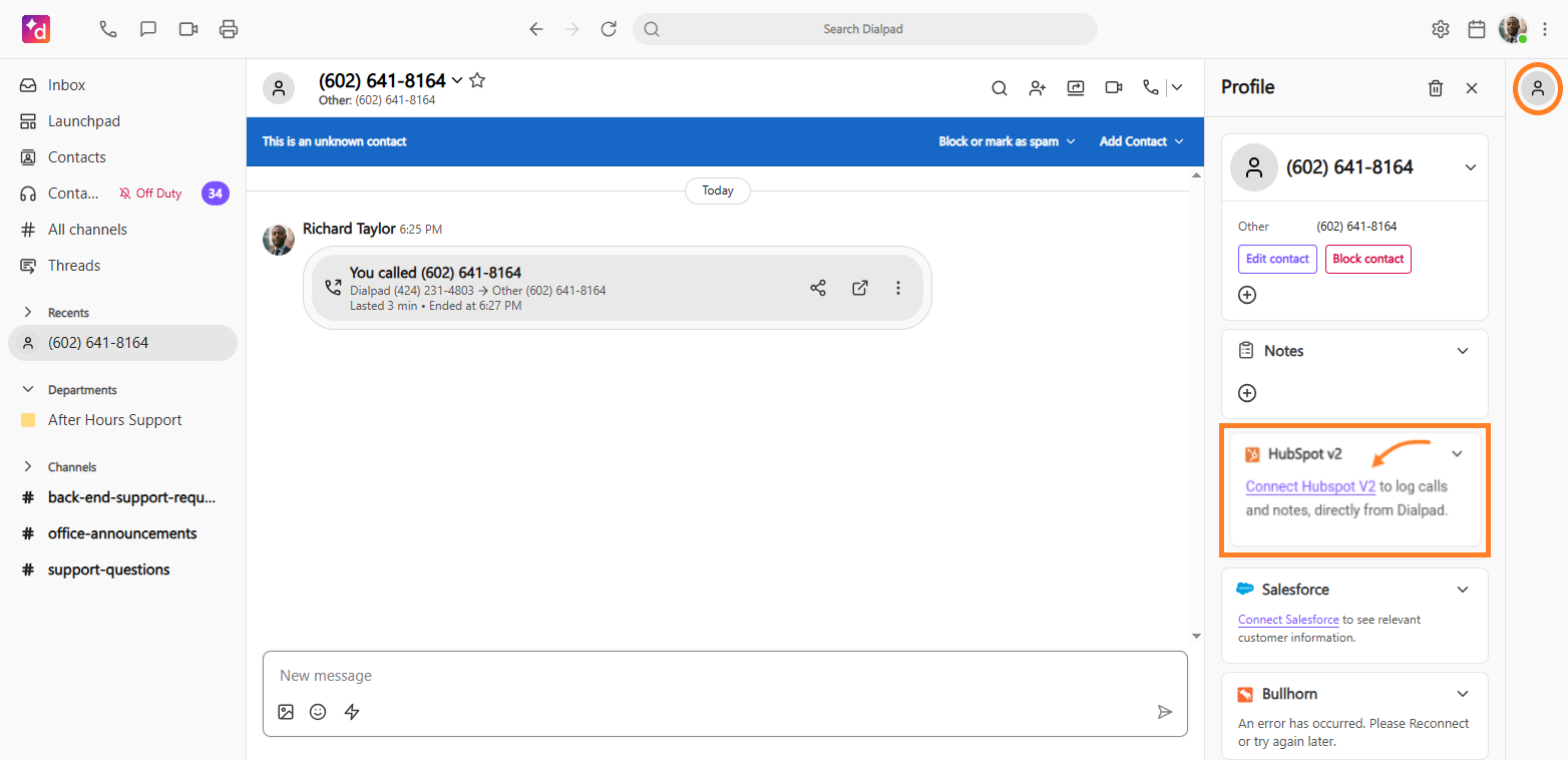 Screenshot of the Dialpad desktop app displaying a conversation panel with an orange circle highlighting the profile icon in the top right, and an orange box on the right sidebar highlighting the 'Connect Hubspot V2' link under the HubSpot v2 integration card.