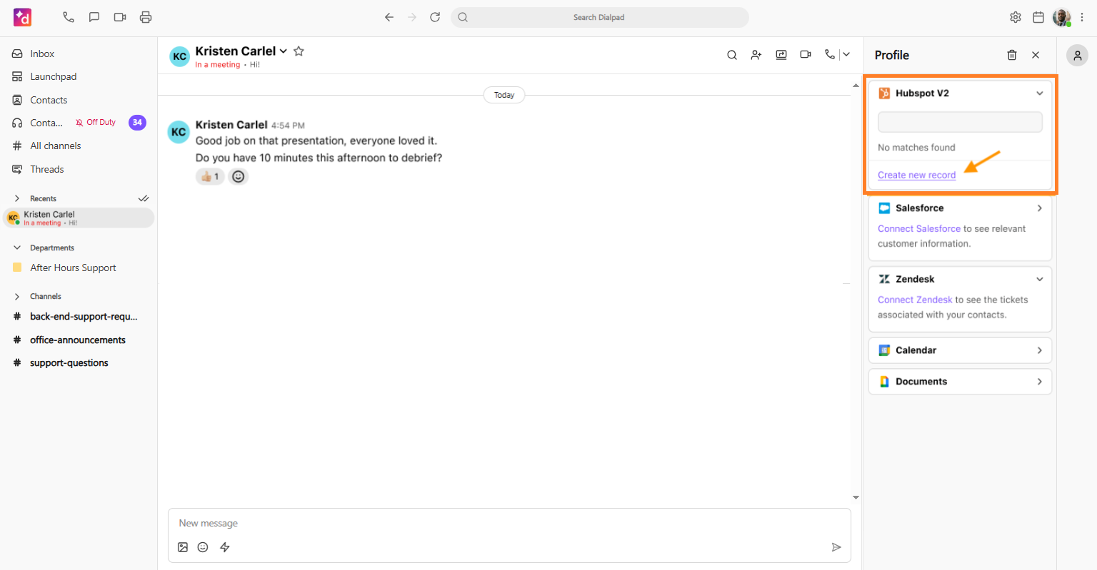 Screenshot of the Dialpad desktop app featuring an orange box on the right sidebar outlining the Hubspot V2 panel, with an orange arrow pointing to the 'Create new record' link when no matches are found.
