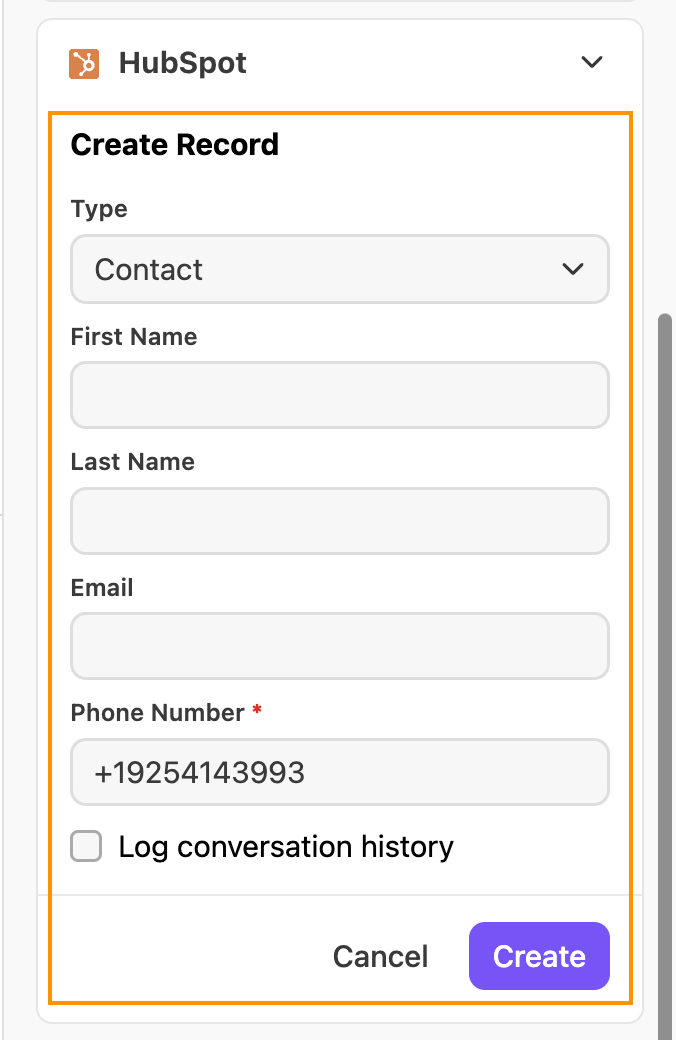 Screenshot of the 'Create Record' form within the HubSpot sidebar panel in Dialpad, featuring an orange box outlining the input fields for record Type, First Name, Last Name, Email, Phone Number, and the 'Create' button.