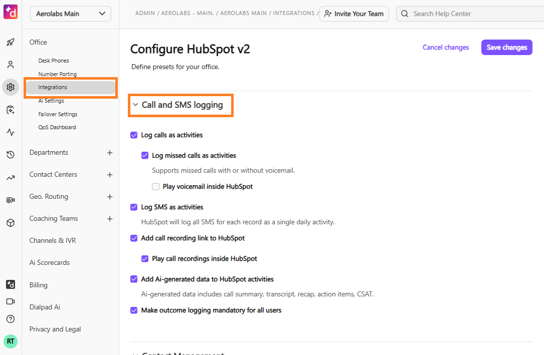 Screenshot of the 'Configure HubSpot v2' page in Dialpad Admin Settings, featuring orange boxes highlighting the left sidebar 'Integrations' tab and the expanded 'Call and SMS logging' section containing configuration checkboxes.