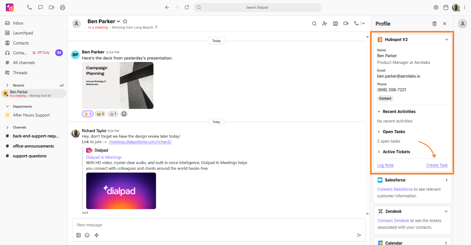 Screenshot of the Dialpad desktop app displaying a conversation, featuring an orange box on the right sidebar highlighting the Hubspot V2 section with an orange arrow pointing to the 'Create Task' link.
