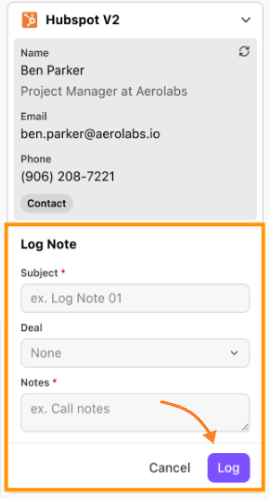 Screenshot of the 'Log Note' panel in Hubspot V2 inside Dialpad, featuring an orange box surrounding form fields for Subject, Deal, Notes, and an orange arrow pointing to the purple 'Log' button at the bottom right.
