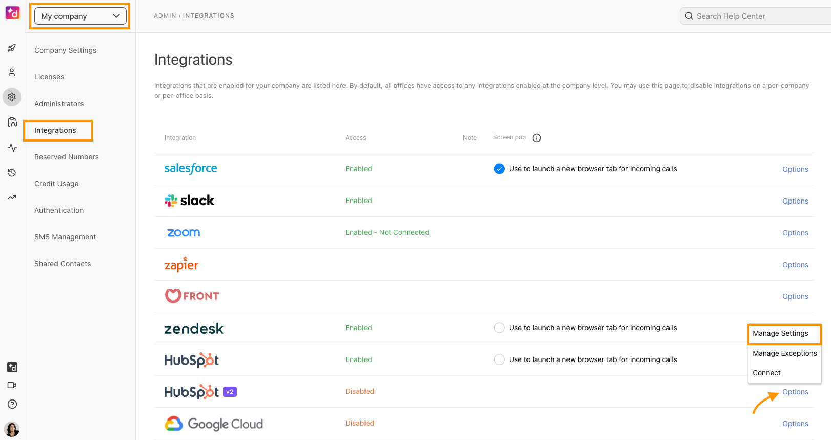 Screenshot of the Dialpad Admin Settings page under Integrations, featuring orange boxes highlighting the 'My company' dropdown, 'Integrations' tab, and 'Manage Settings' menu item next to an orange arrow pointing to the 'Options' dropdown for HubSpot.