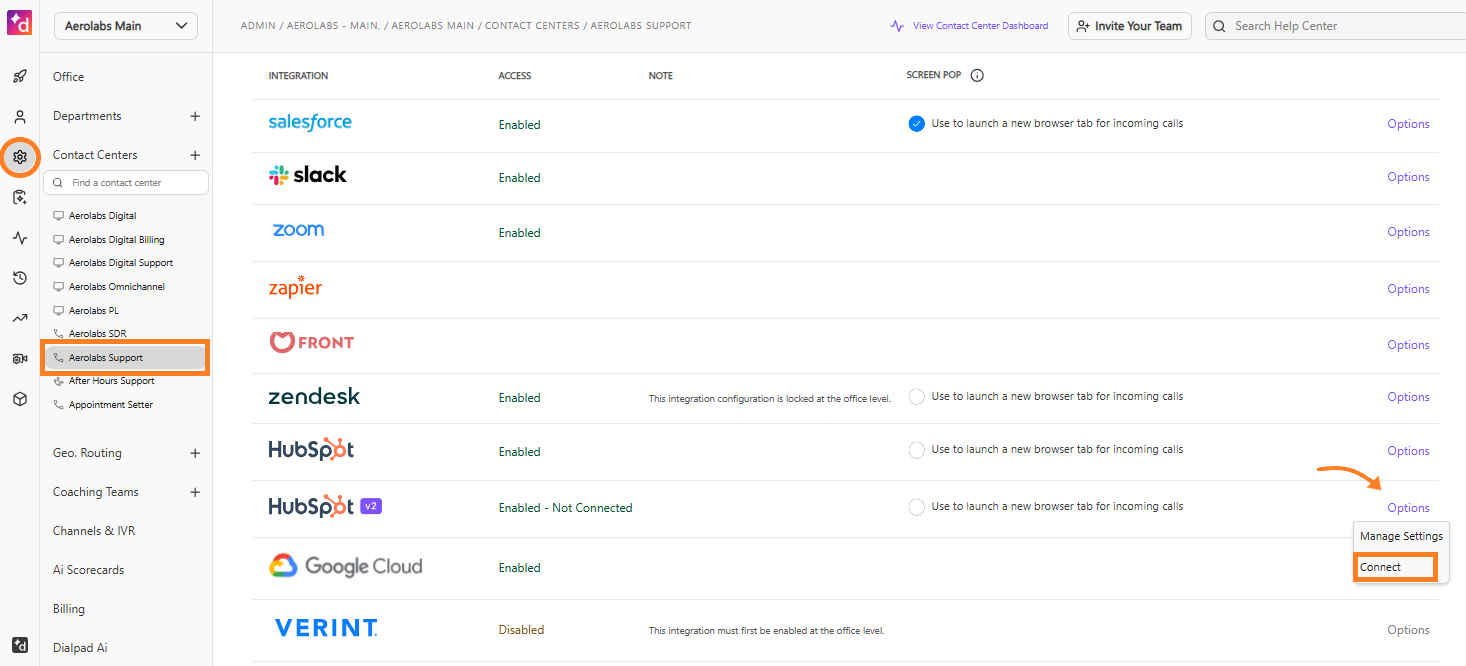 Screenshot of the Dialpad Admin Settings page under Contact Centers Integrations, featuring orange boxes highlighting the gear settings icon, a selected Contact Center, and the 'Connect' option inside the HubSpot v2 'Options' menu.