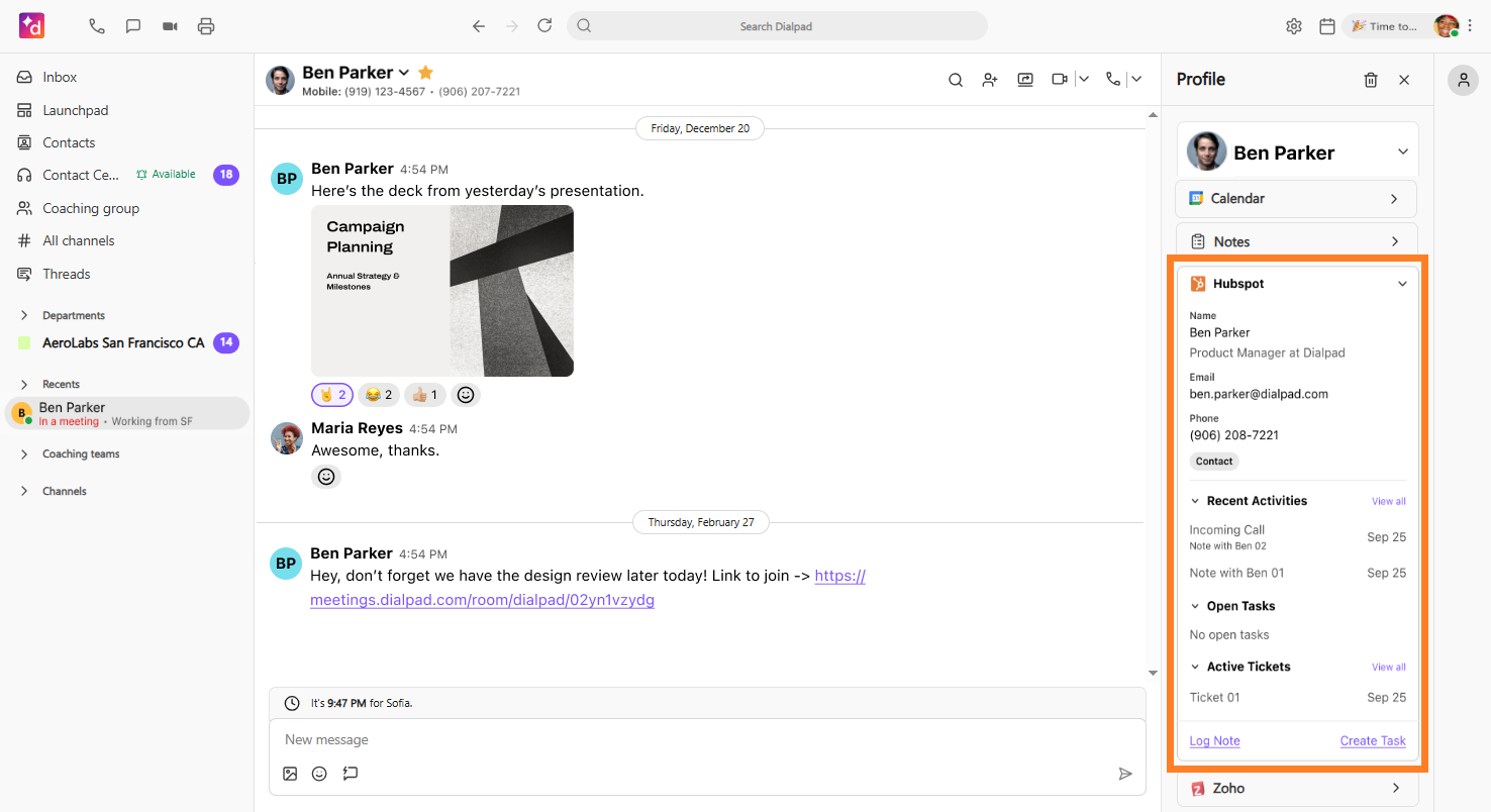 Screenshot of the Dialpad desktop app displaying a conversation view, featuring an orange box on the right sidebar highlighting the HubSpot integration section showing matched contact details, recent activities, open tasks, active tickets, and action links.