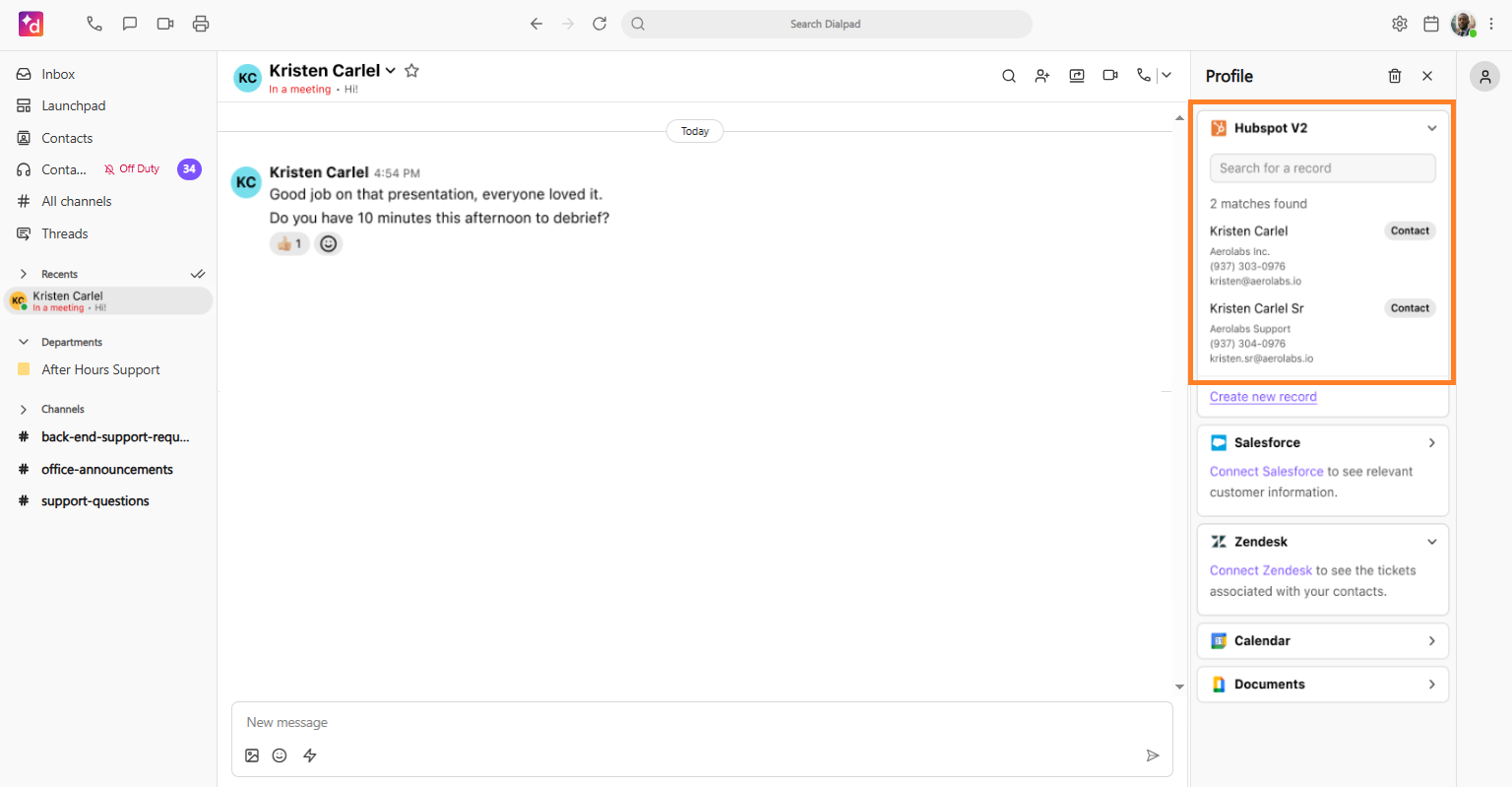 Screenshot of the Dialpad desktop app with an orange box on the right sidebar highlighting the Hubspot V2 integration panel, which displays multiple potential contact matches found for the record.