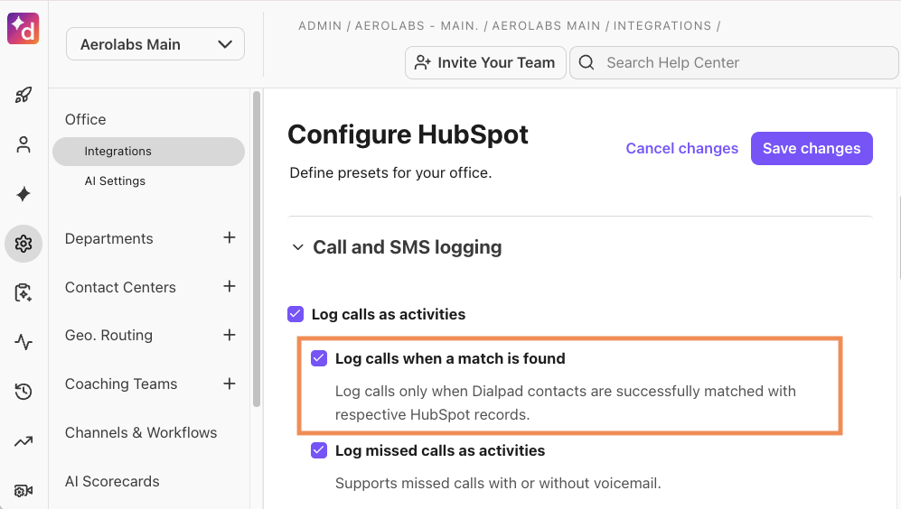 Screenshot of the 'Configure HubSpot' settings page in Dialpad Admin, featuring an orange box highlighting the 'Log calls when a match is found' checkbox under the 'Call and SMS logging' section.