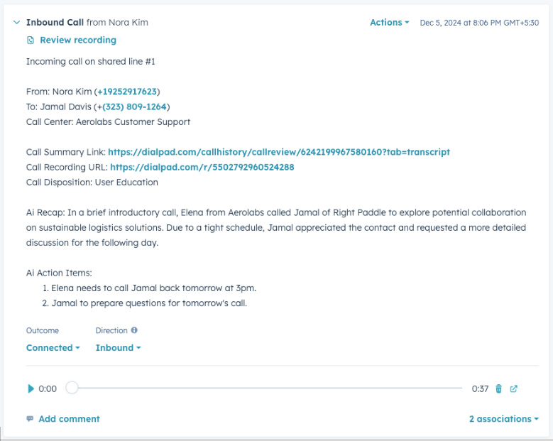 Screenshot of a logged inbound call activity entry in HubSpot displaying call details, links for recording and summary, call disposition, AI recap notes, AI action items, and audio playback controls.