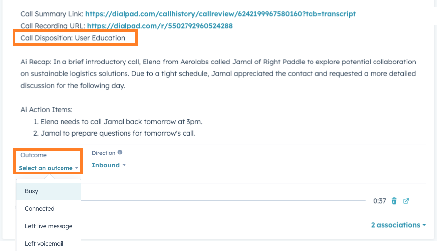 Screenshot of a logged call activity in HubSpot, featuring orange boxes highlighting the Call Disposition line item and the manually selectable Outcome dropdown menu options.