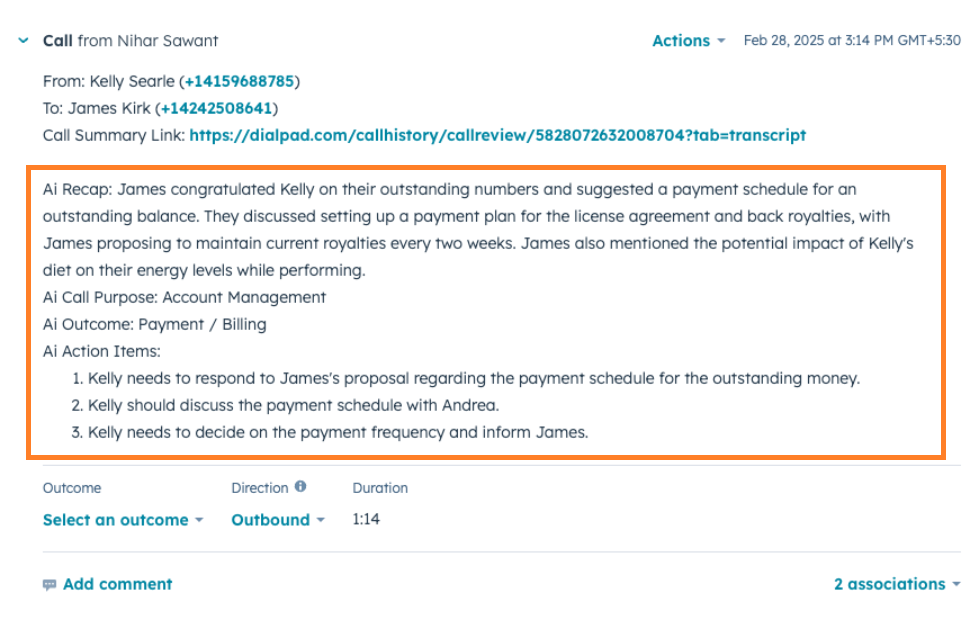 Screenshot of a logged call activity in HubSpot, featuring an orange box highlighting AI-generated data fields including Ai Recap, Ai Call Purpose, Ai Outcome, and Ai Action Items.