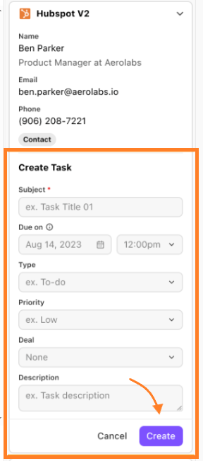 Screenshot of the 'Create Task' panel in Hubspot V2 inside Dialpad, featuring an orange box surrounding the form fields for Subject, Due date/time, Type, Priority, Deal, Description, and an orange arrow pointing to the purple 'Create' button at the bottom right.