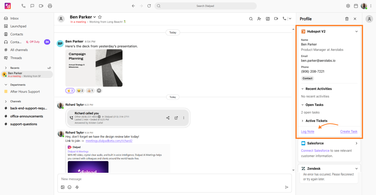 Screenshot of the Dialpad desktop app interface showing a conversation view, featuring an orange box on the right sidebar highlighting the Hubspot V2 section with an orange arrow pointing to the 'Log Note' link at the bottom right.