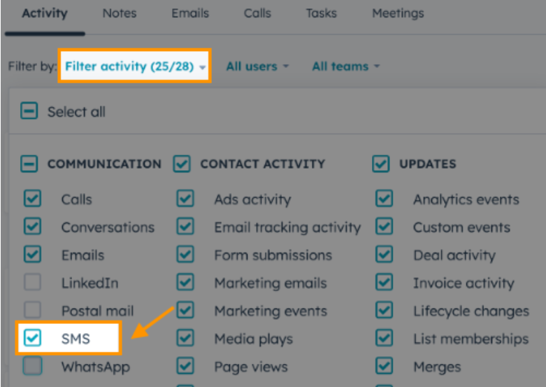Screenshot of the Activity tab in HubSpot, featuring orange boxes highlighting the 'Filter activity' dropdown menu and the 'SMS' checkbox under the Communication filters section.