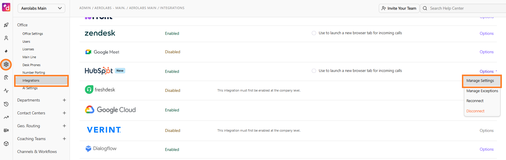 Screenshot of the Dialpad Admin portal Office Settings Integrations page, featuring orange boxes highlighting the gear icon, the 'Integrations' tab under Office in the left sidebar, and the 'Manage Settings' option selected from the HubSpot 'Options' dropdown menu.
