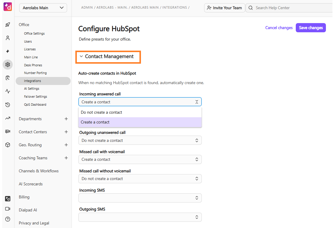 Screenshot of the 'Configure HubSpot' page in Dialpad Admin Settings, featuring an orange box highlighting the 'Contact Management' section header above dropdown settings for auto-creating contacts based on call and SMS types.