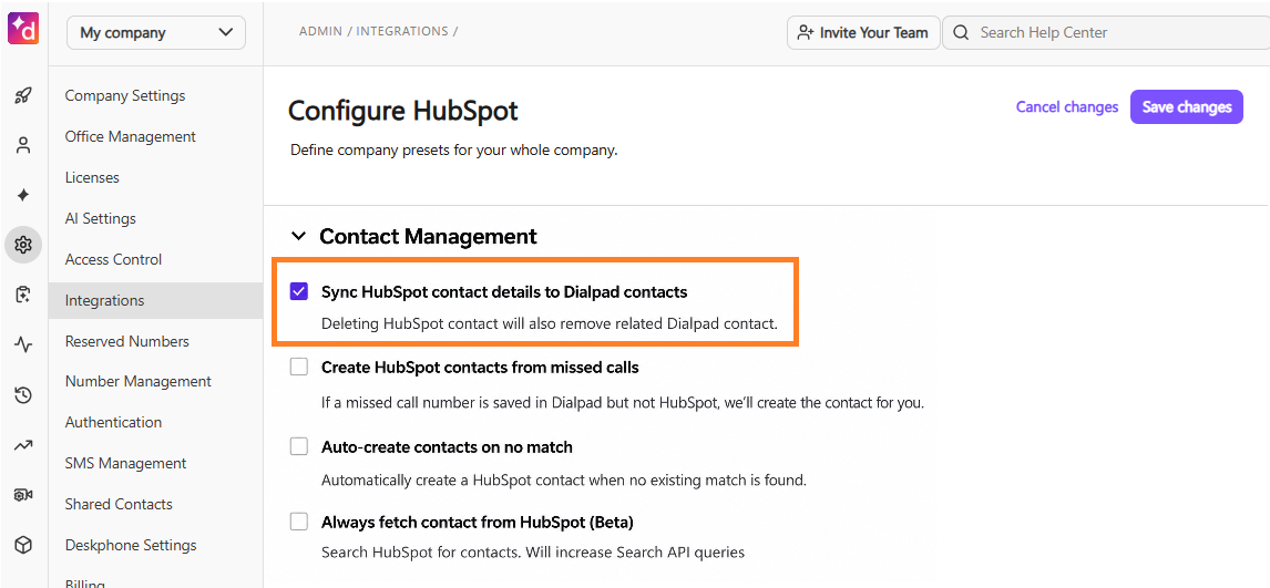 Screenshot of the 'Configure HubSpot' page in Dialpad Admin Settings, featuring an orange box highlighting the 'Sync HubSpot contact details to Dialpad contacts' checkbox under the 'Contact Management' section.