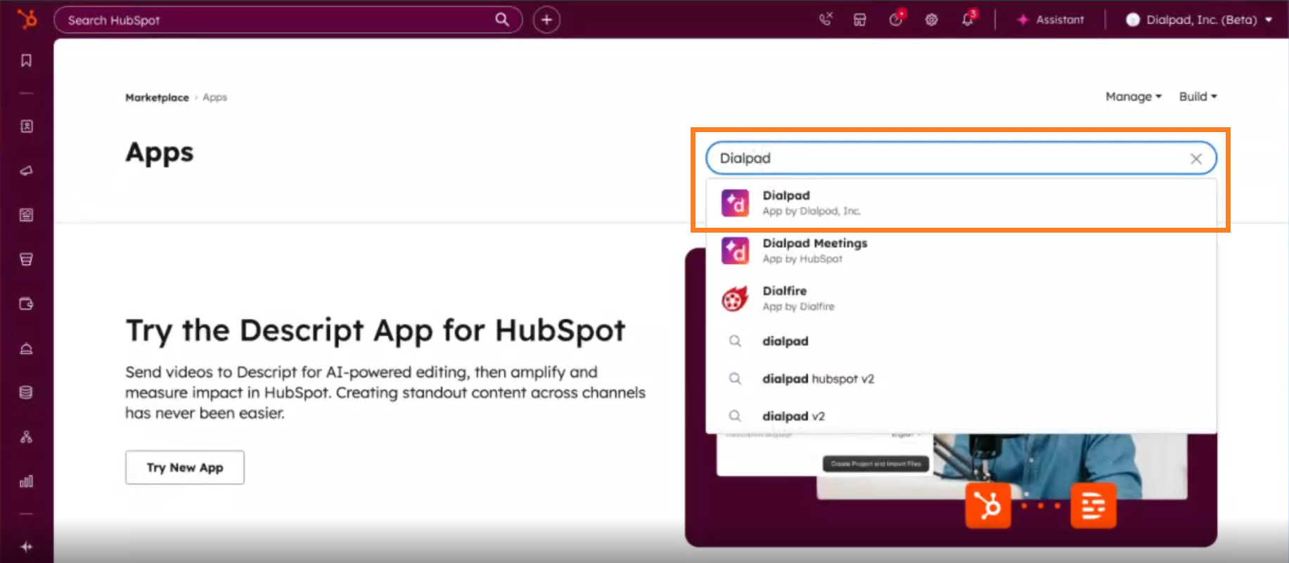 Screenshot of the HubSpot App Marketplace featuring an orange box highlighting the search bar with 'Dialpad' typed in and the 'Dialpad App by Dialpad, Inc.' option selected in the dropdown menu.