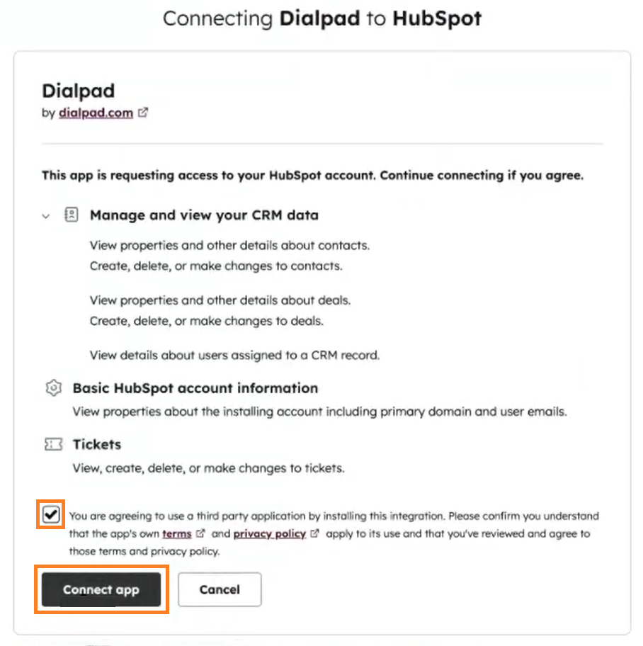 Screenshot of the 'Connecting Dialpad to HubSpot' permissions page, featuring orange boxes highlighting the terms and privacy policy agreement checkbox and the dark grey 'Connect app' button at the bottom left.