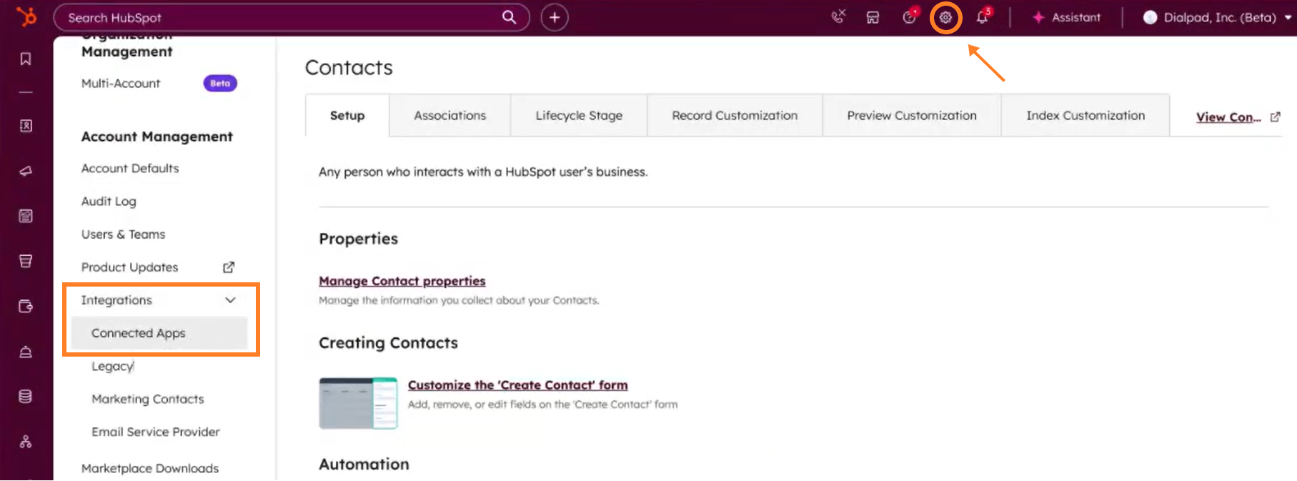 Screenshot of the HubSpot dashboard, featuring an orange arrow pointing to the gear icon in the top navigation bar, and an orange box highlighting 'Connected Apps' under the 'Integrations' section in the left sidebar menu.