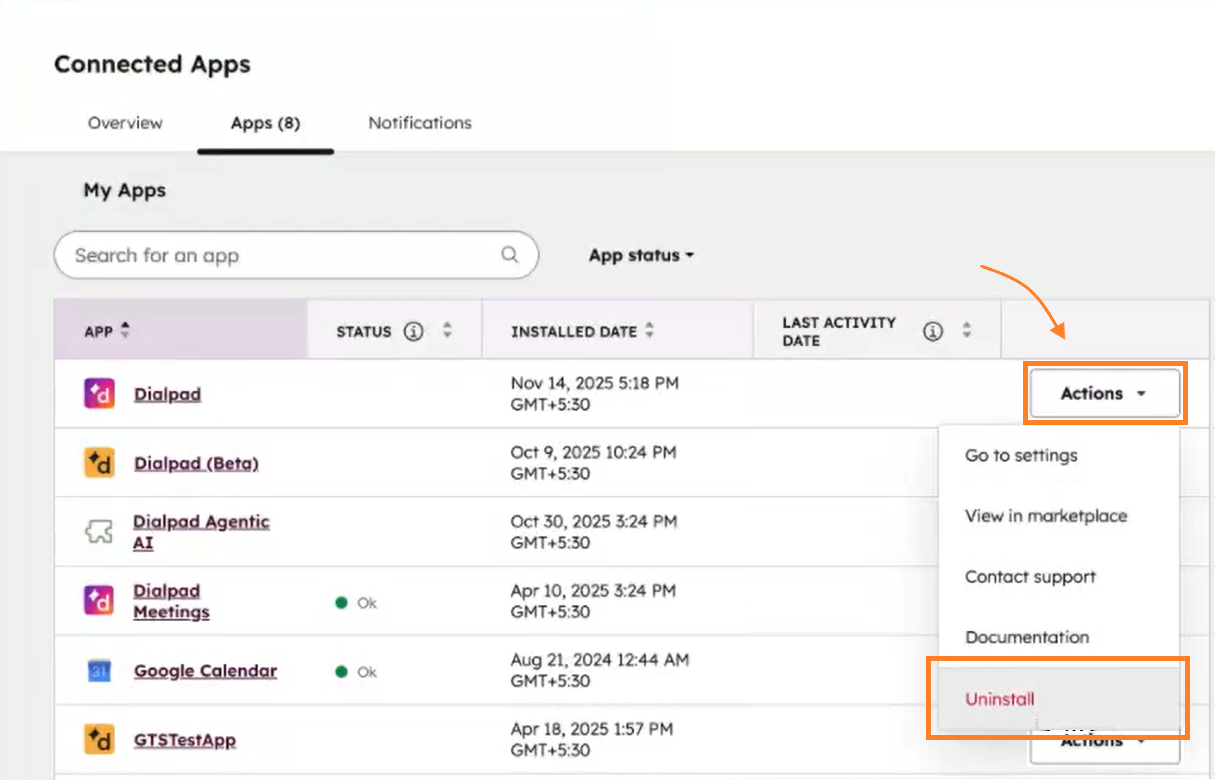 Screenshot of the Connected Apps page in HubSpot, featuring an orange arrow pointing to an orange box around the 'Actions' dropdown menu next to Dialpad, with a second orange box highlighting the 'Uninstall' option.