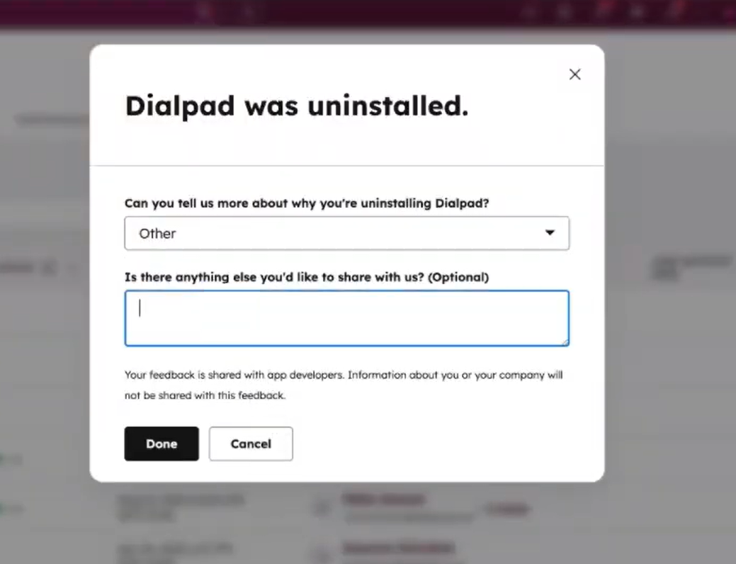 Screenshot of the 'Dialpad was uninstalled' popup window in HubSpot, featuring an uninstallation reason dropdown menu, an optional feedback text box, and a black 'Done' button at the bottom left.