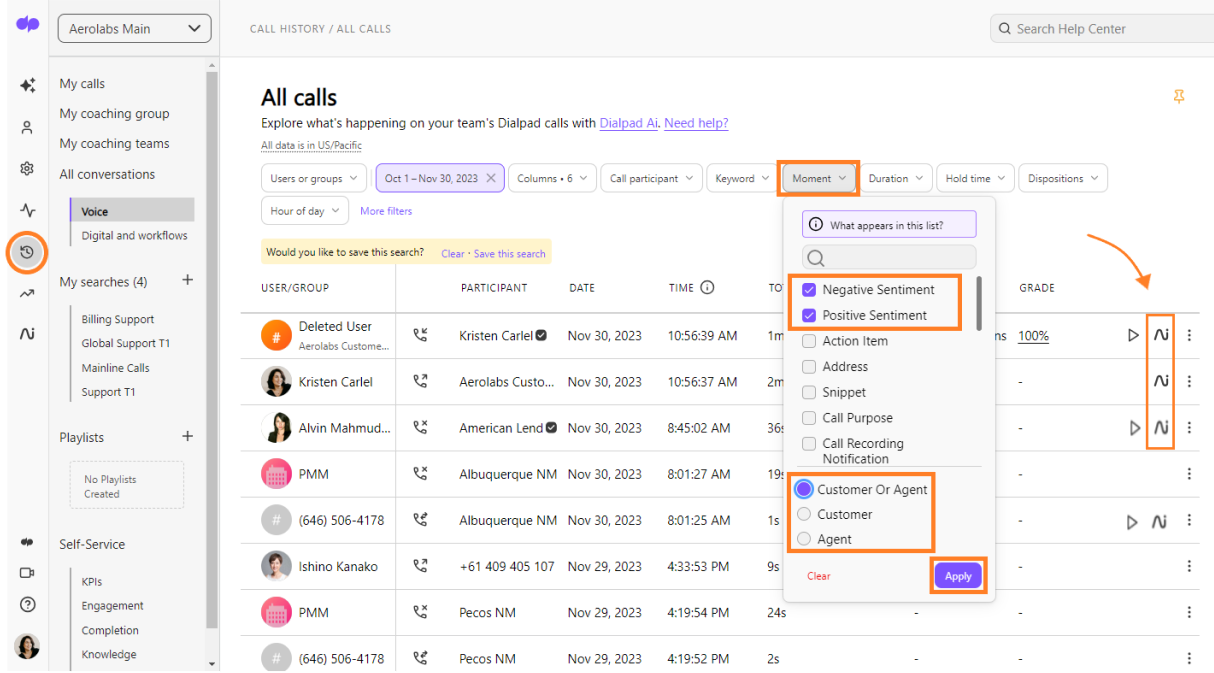 Call review workflow showing the AI icon used to open details for a call with a sentiment moment.