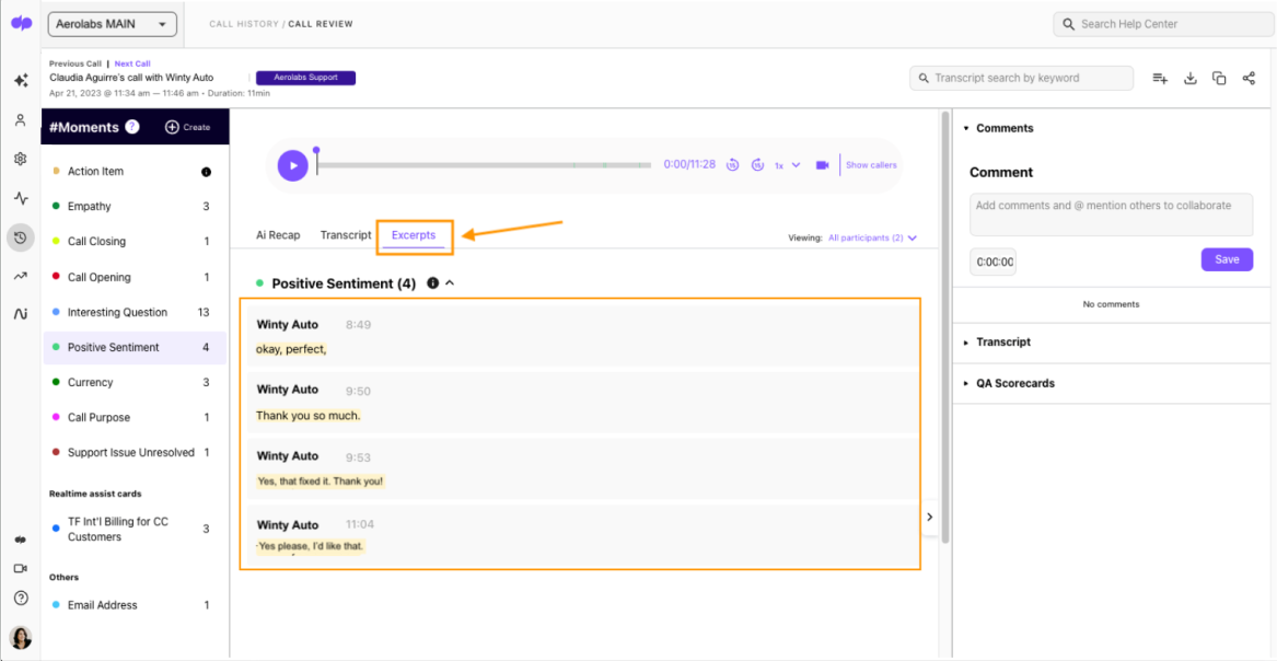 Sentiment analytics view showing positive and negative sentiment moments over time