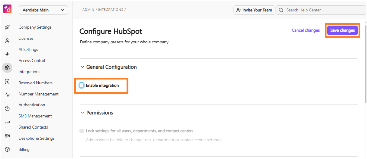 Screenshot of the 'Configure HubSpot' page in Dialpad Admin Settings, featuring orange boxes highlighting the unchecked 'Enable integration' checkbox under General Configuration and the purple 'Save changes' button in the upper right.