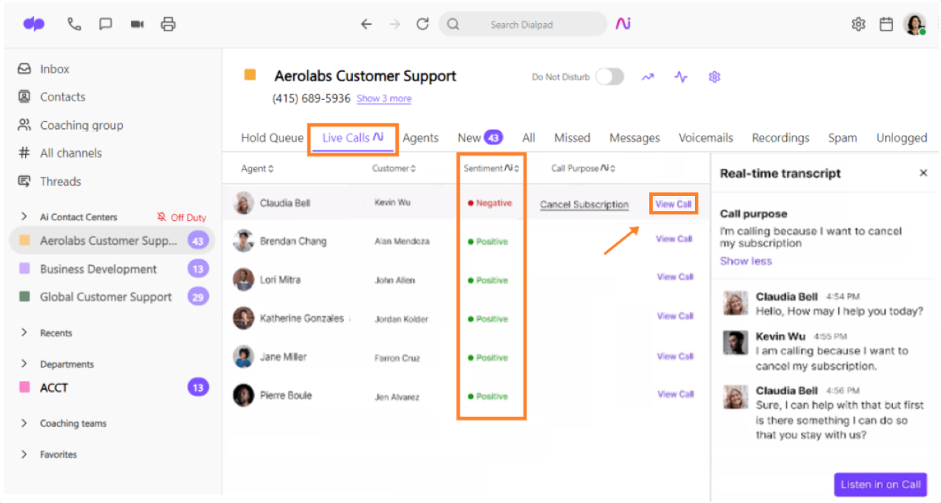 Call review showing a phrase identified by Dialpad AI as expressing positive sentiment.