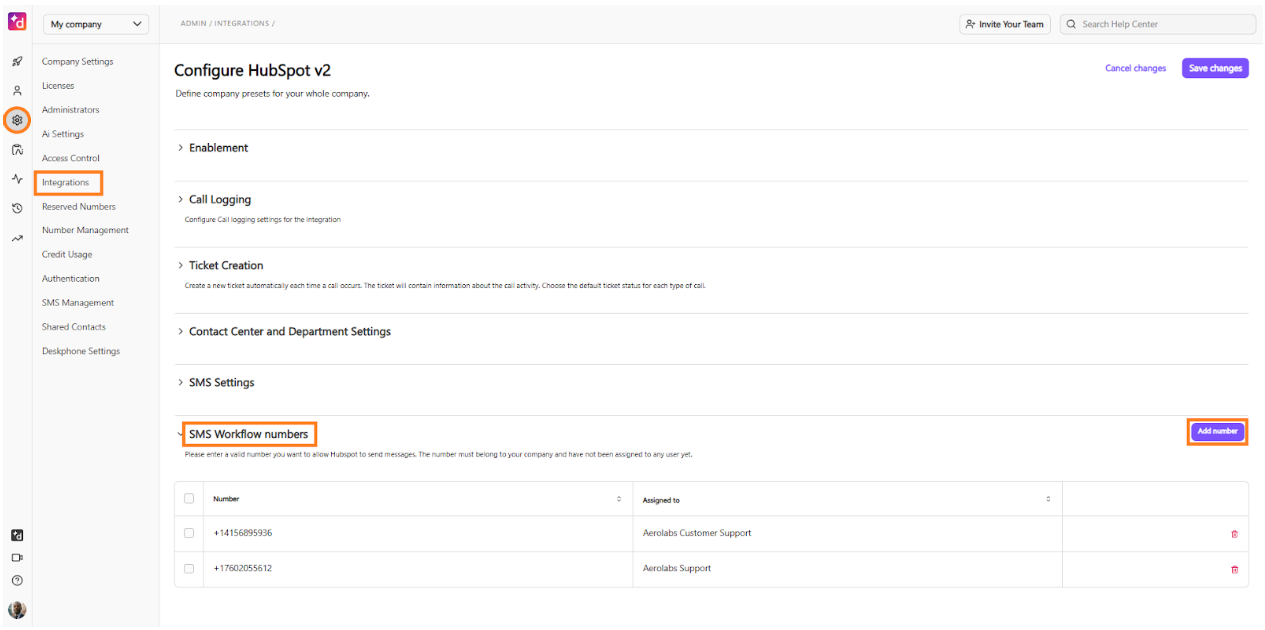 Screenshot of the 'Configure HubSpot v2' page in Dialpad Admin Settings, featuring orange boxes highlighting the gear icon, the 'Integrations' tab in the left sidebar, the 'SMS Workflow numbers' section header, and the purple 'Add number' button on the far right.