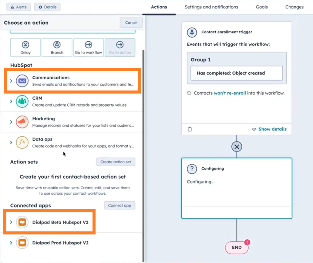 Screenshot of the 'Choose an action' panel in a HubSpot workflow, featuring orange boxes highlighting the 'Communications' section at the top and the 'Dialpad Beta Hubspot V2' integration under 'Connected apps' near the bottom.