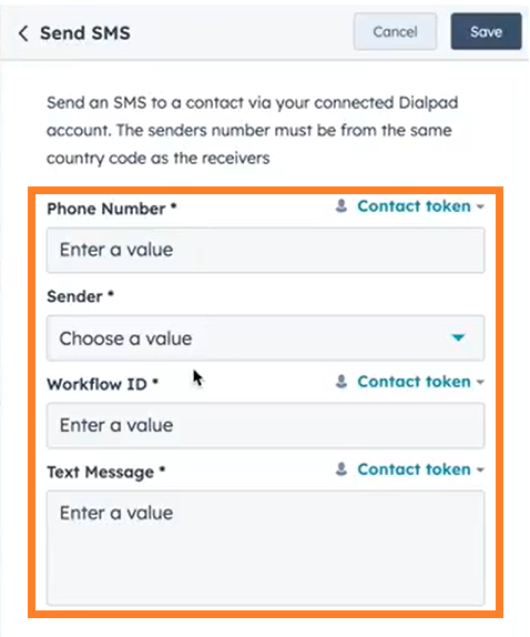 Screenshot of the 'Send SMS' workflow action configuration panel in HubSpot, featuring an orange box outlining required fields for Phone Number, Sender, Workflow ID, and Text Message.