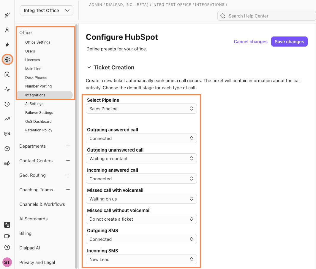Screenshot of the 'Configure HubSpot' page in Dialpad Admin Settings, featuring an orange box on the left highlighting the Office side menu and an orange box on the right outlining the 'Ticket Creation' pipeline and call/SMS stage dropdown settings.