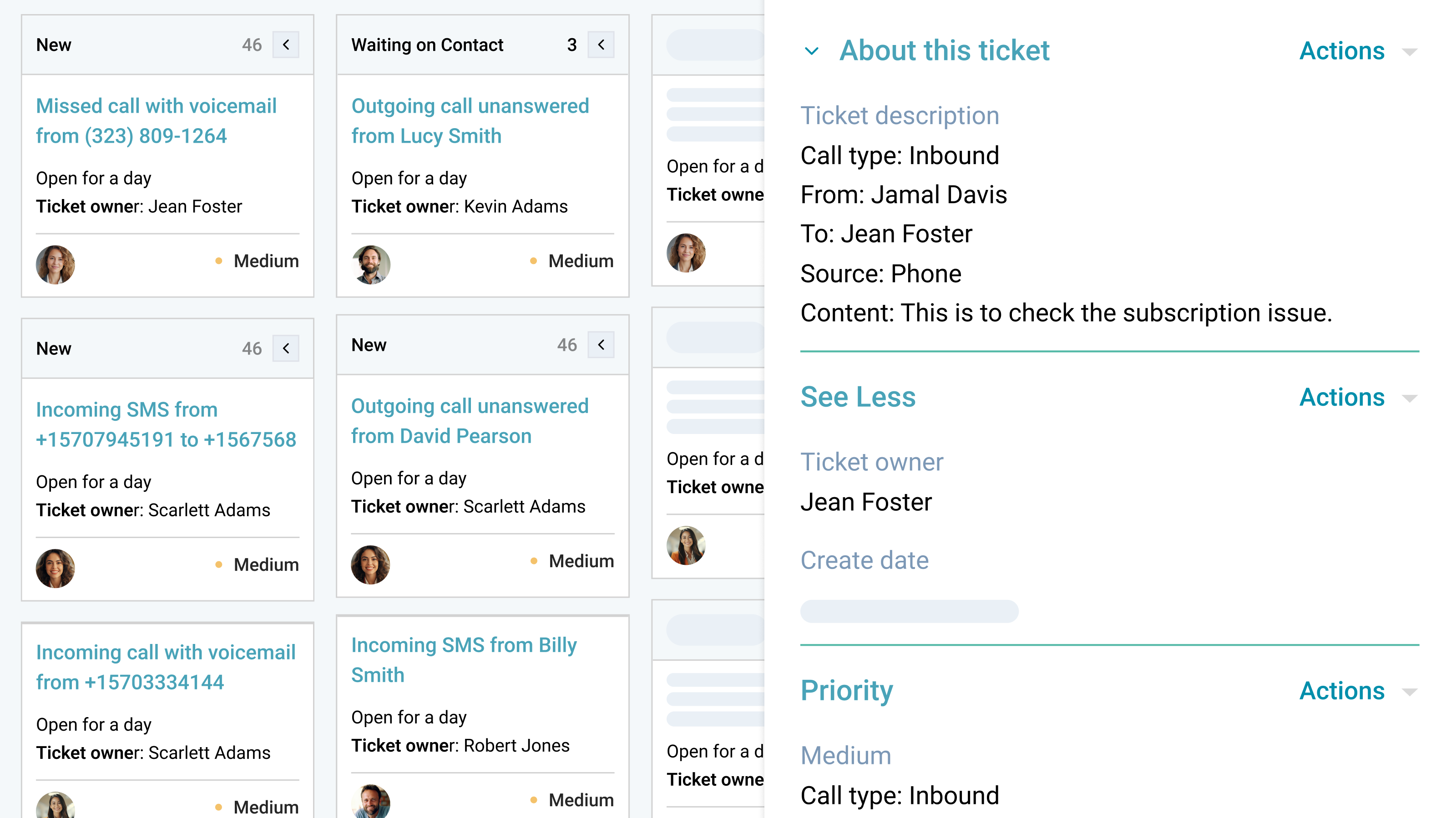 Screenshot of the HubSpot Service Tickets board in Kanban view displaying ticket columns alongside an open side panel showing ticket details, including description, owner, and priority.
