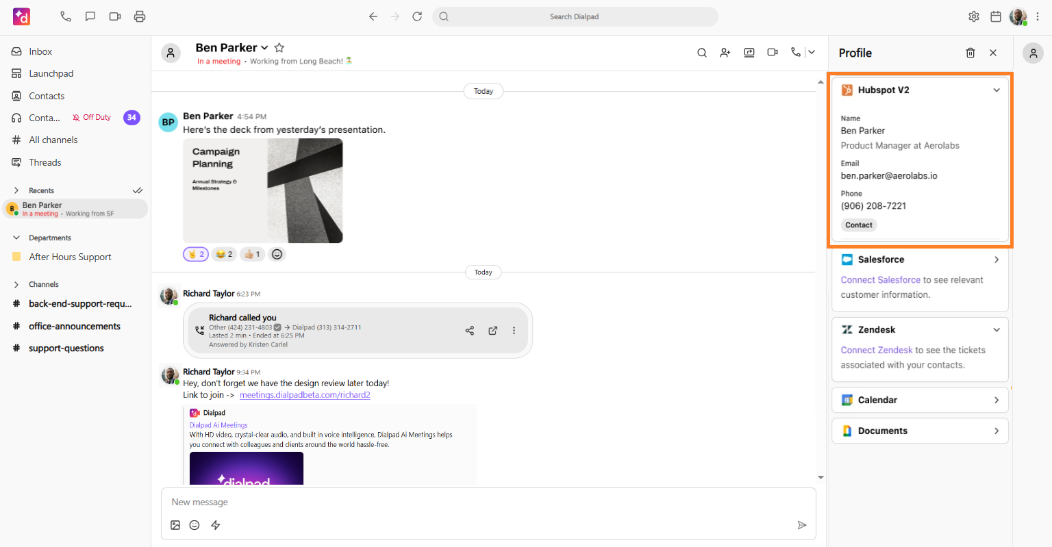Screenshot of the Dialpad desktop app showing a conversation window, featuring an orange box on the right sidebar highlighting the Hubspot V2 section with contact details for Ben Parker.