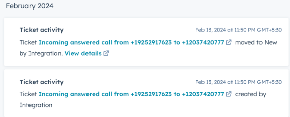 Screenshot of a HubSpot contact activity timeline showing 'Ticket activity' entries for an incoming answered call created and moved by the integration.