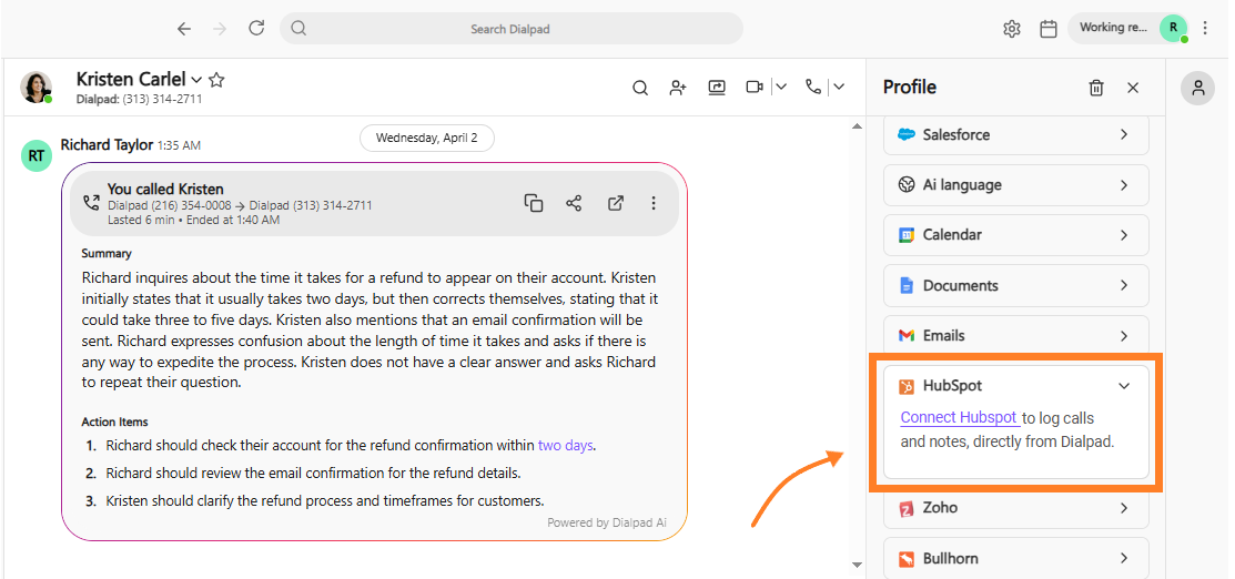 Screenshot of the Dialpad desktop app interface showing a call log summary, featuring an orange arrow pointing to an orange box highlighting the HubSpot integration section in the right sidebar profile panel.