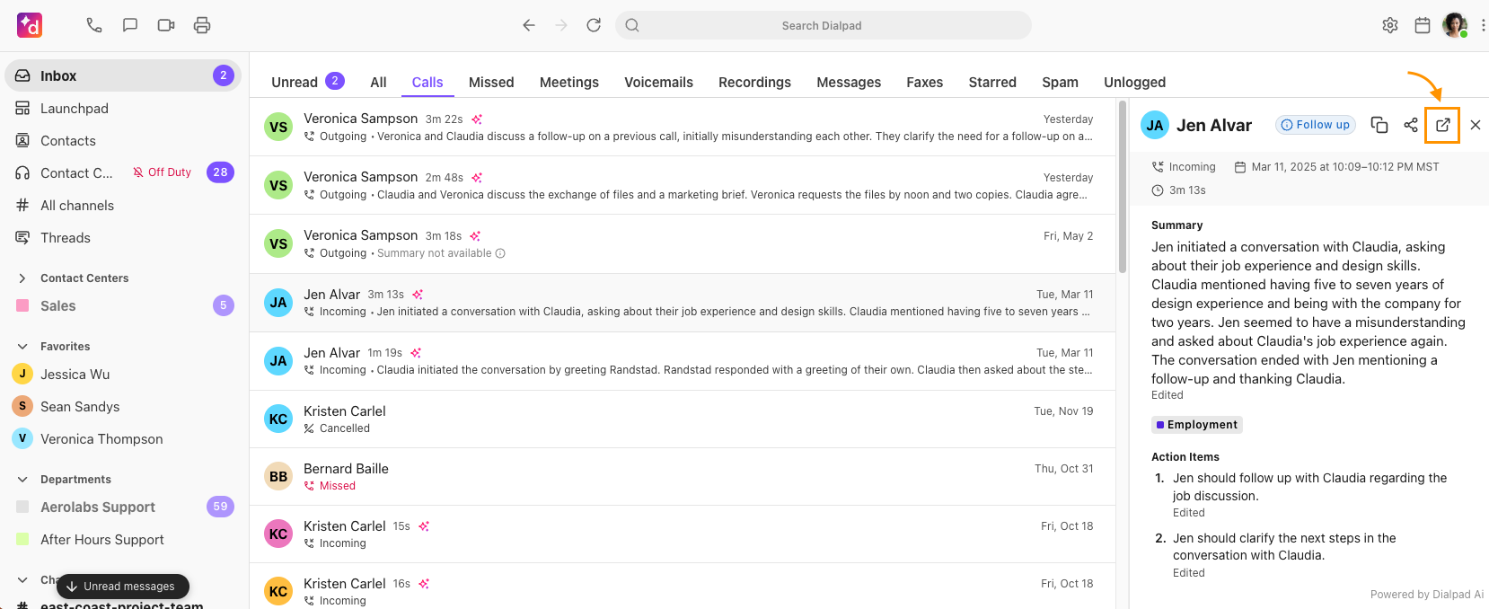 Dialpad app Inbox showing the Calls tab with Go to call (meeting/details)