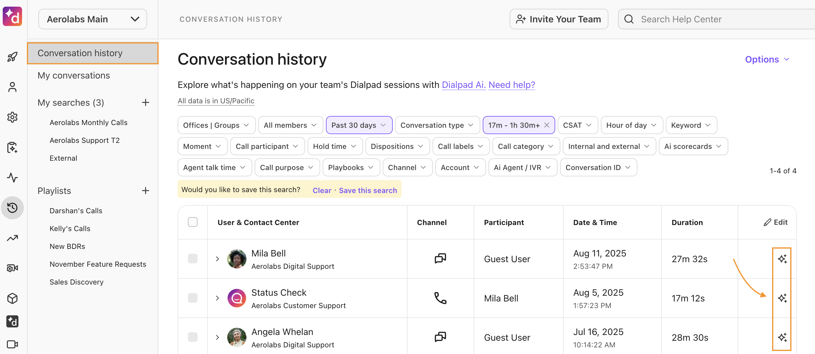 Dialpad Admin Web Portal Conversation History page highlighting the AI icon next to a listed call record.