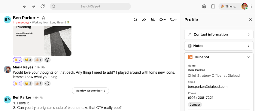 Screenshot of the Dialpad desktop app displaying a chat window with contact Ben Parker, alongside the right-hand Profile sidebar featuring expanded Hubspot contact details including name, title, email, and phone number.