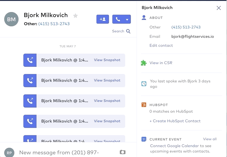 Animated GIF showing a user clicking the '+ Create HubSpot Contact' button under the HubSpot section in the Dialpad right-hand sidebar.