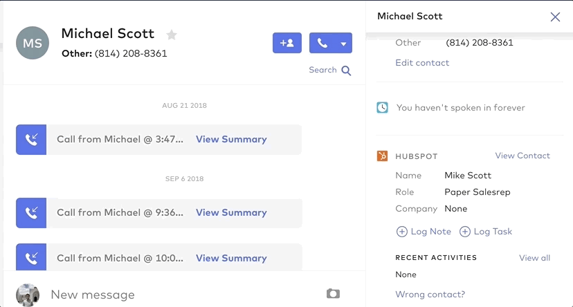 Animated GIF showing a user unmatching a contact in the Dialpad right-hand sidebar by clicking the 'Wrong contact?' link under the HubSpot section.