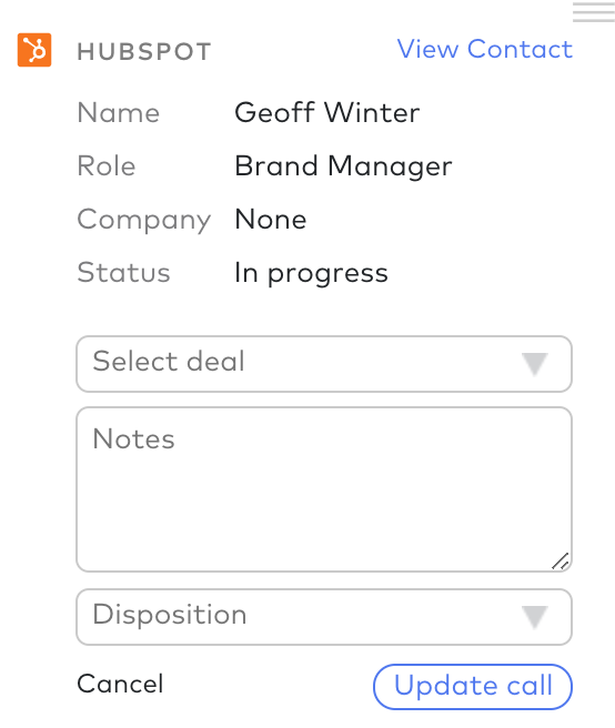 Screenshot of the Dialpad sidebar showing a matched HubSpot contact profile with fields to select a deal, add notes, choose a disposition, and an 'Update call' button.