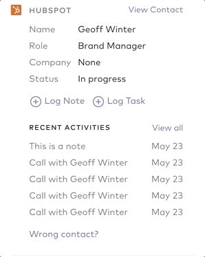 Animated GIF of the Dialpad sidebar displaying a HubSpot contact profile with options to click '+ Log Note' or '+ Log Task' above recent activity history.