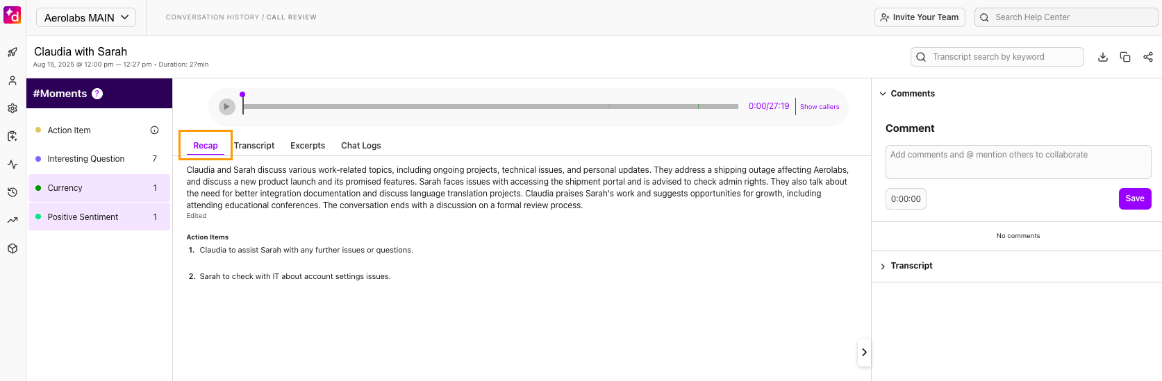 Dialpad Call Review Recap tab displaying generated summary text, key highlights
