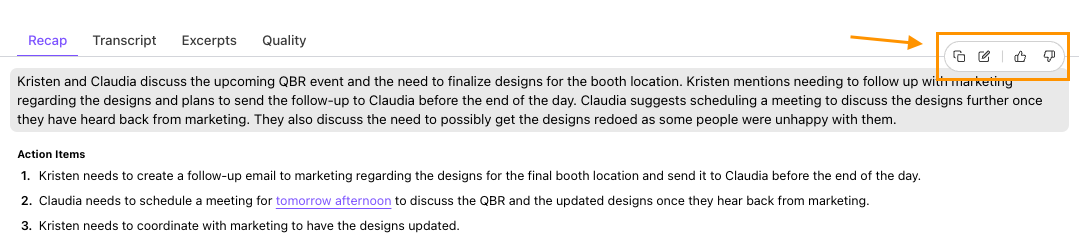 Dialpad Call Review Recap tab displaying generated summary text, key highlights, and the hover menu with copy, share, edit, and feedback buttons.